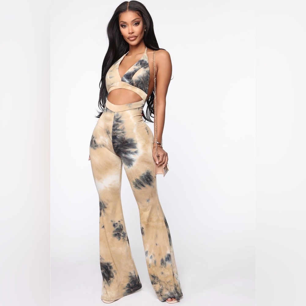 Fashion Nova Beige and Black Tie-Dye Jumpsuit